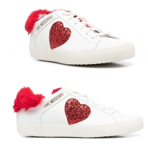 Love Moschino Logo Glitter-Red Heart With Red Faux Fur detail low-top sneaker - Picture 1 of 16